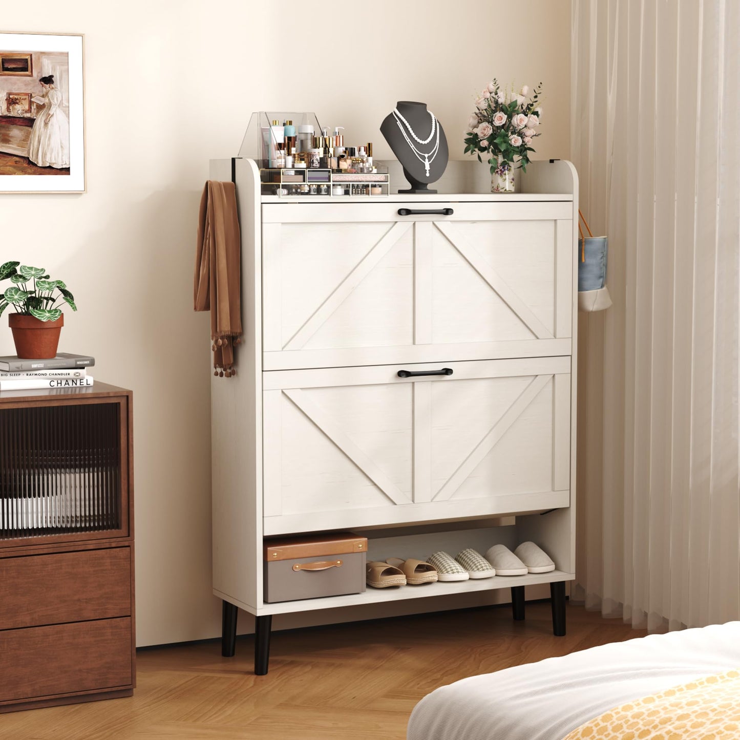 HOME BI Farmhouse Shoe Cabinet with Two Flip Drawers,3-Tier Shoe Storage Organizer with Open Shelf & Top Display,Freestanding Narrow Hidden Shoe Rack