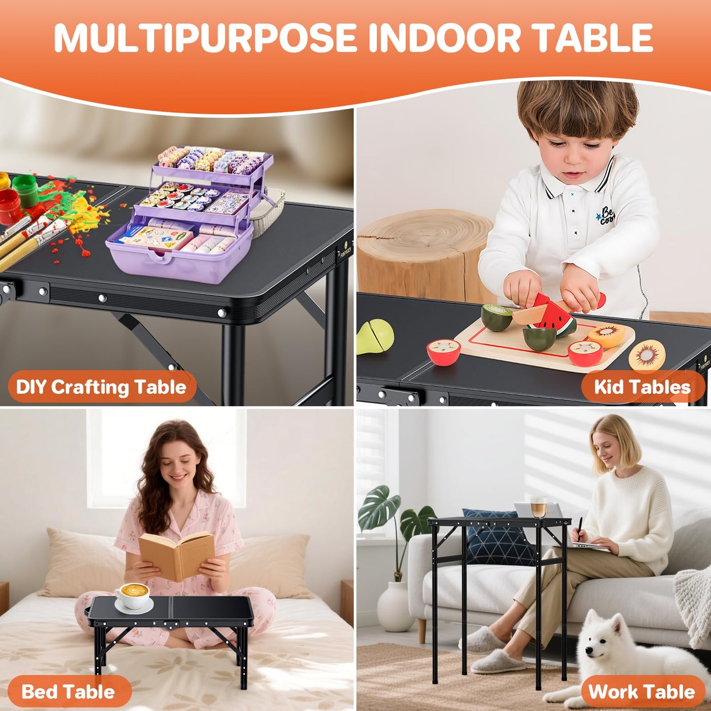 FUNYKICH Small Folding Table 2ft (60x40 cm), Max 75cm Tall Camping Tables 3 Height Adjustable