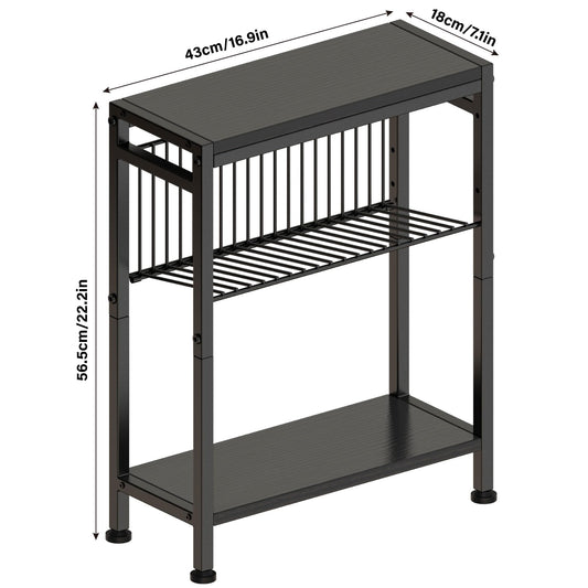 Vantimo 3-Tier Narrow Side Table with Magazine Rack & Storage, Slim Bedside Table, Multifunctional Sofa End Table for Living Room, Bedroom and Study