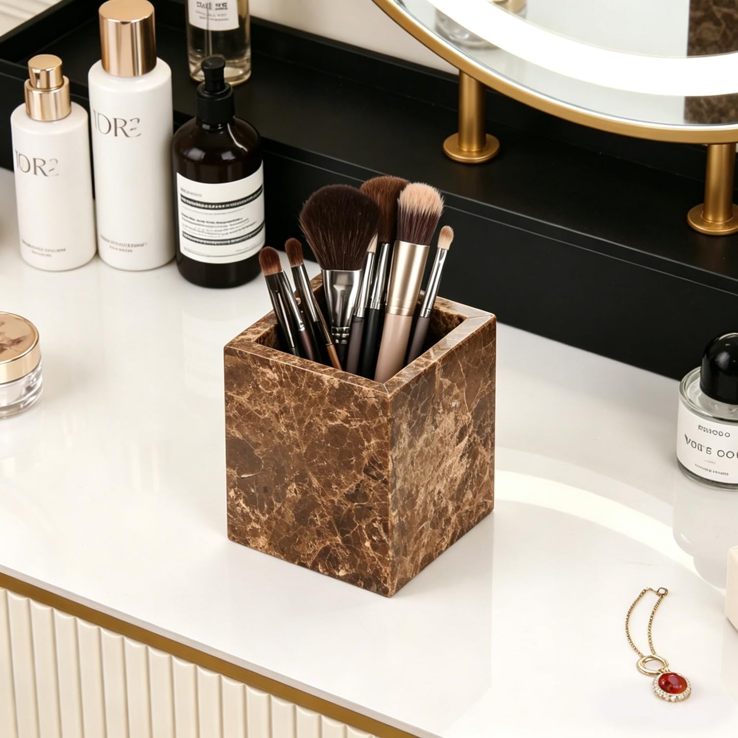 TABHOUKIT Natural Marble Toothbrush Holder, Dark Brown, 8.5 x 8.5 x 10 cm