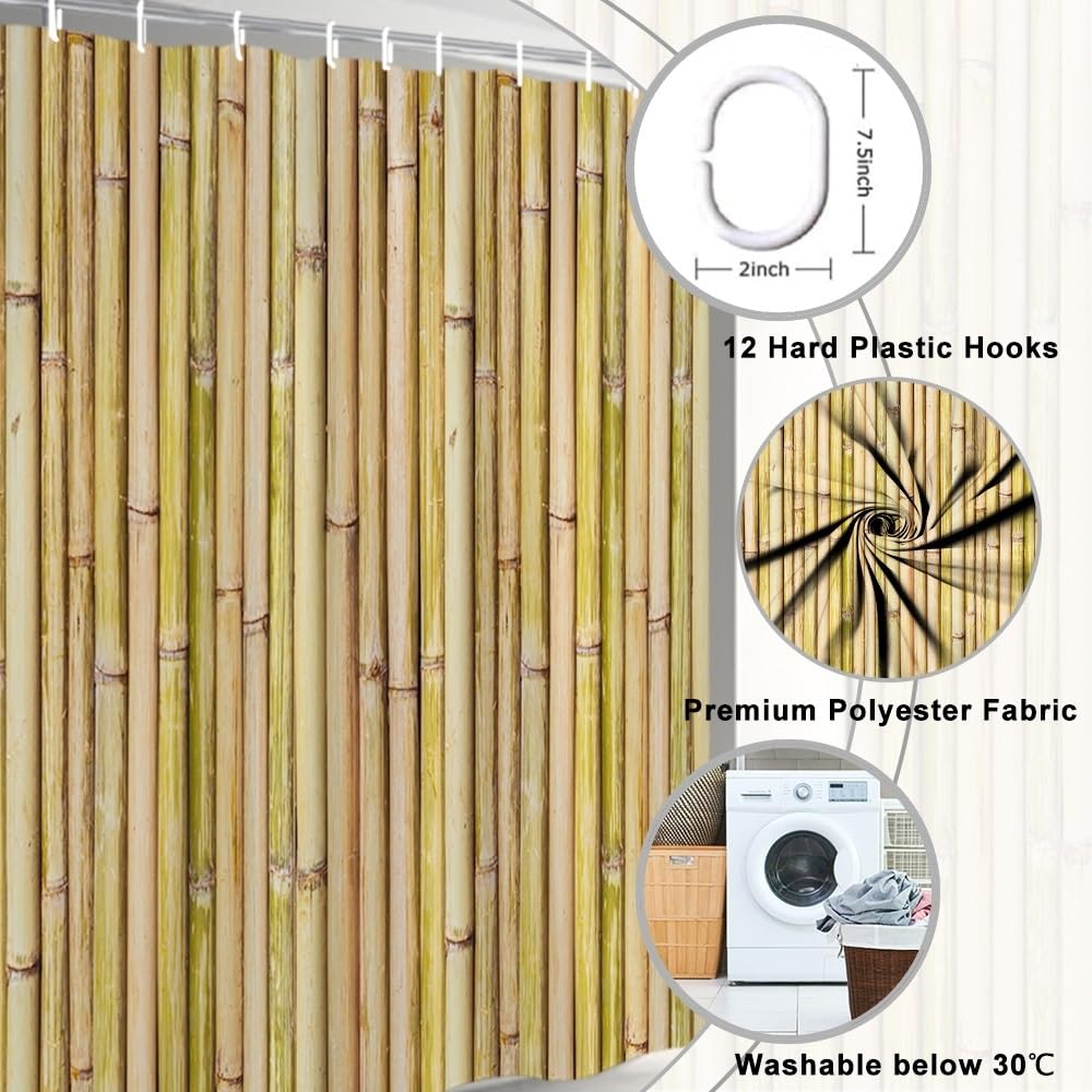 Uiiooazy Bamboo Shower Curtain, Zen Yellow Bamboo Stems Oriental Theme Bath Curtain Mildew and Mould Resistant Waterproof Polyester Fabric Washable