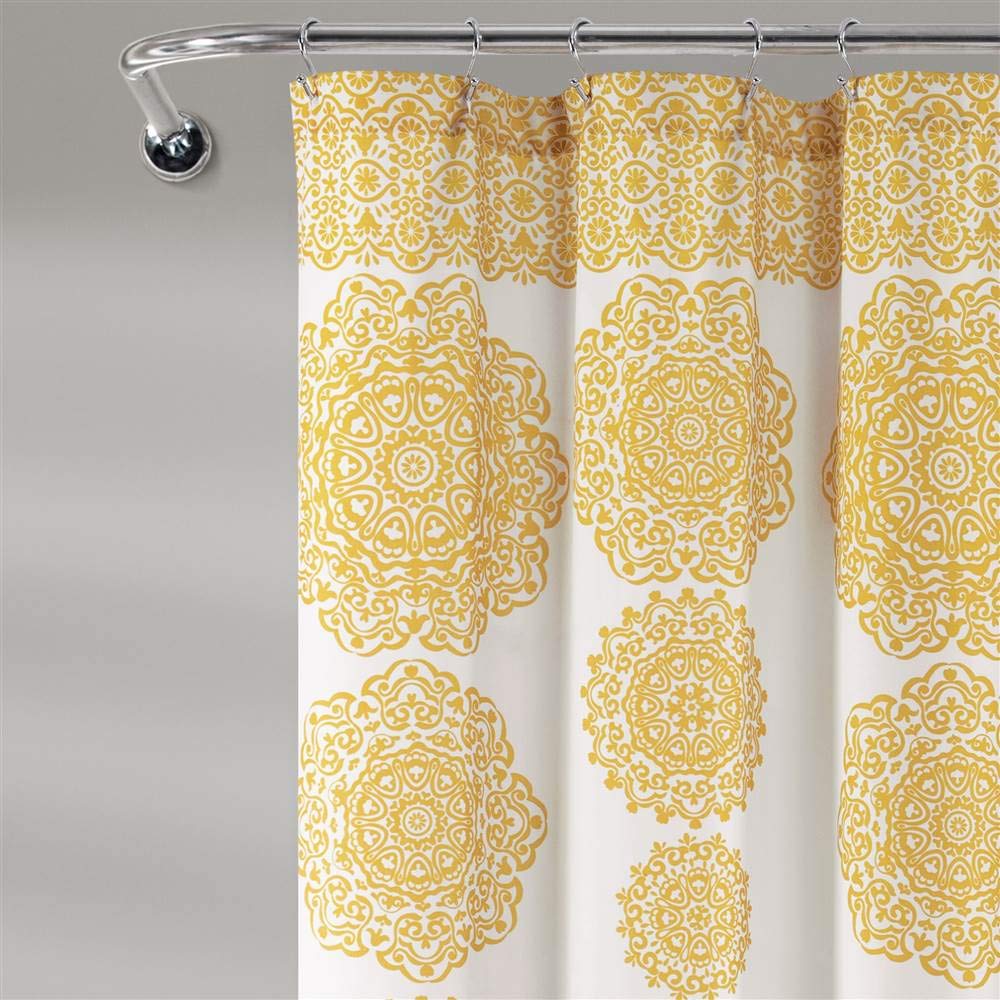 Lush Decor Stripe Medallion Shower Curtain-Fabric Mandala Bohemian Damask Print Design, 72" x 72", Yellow