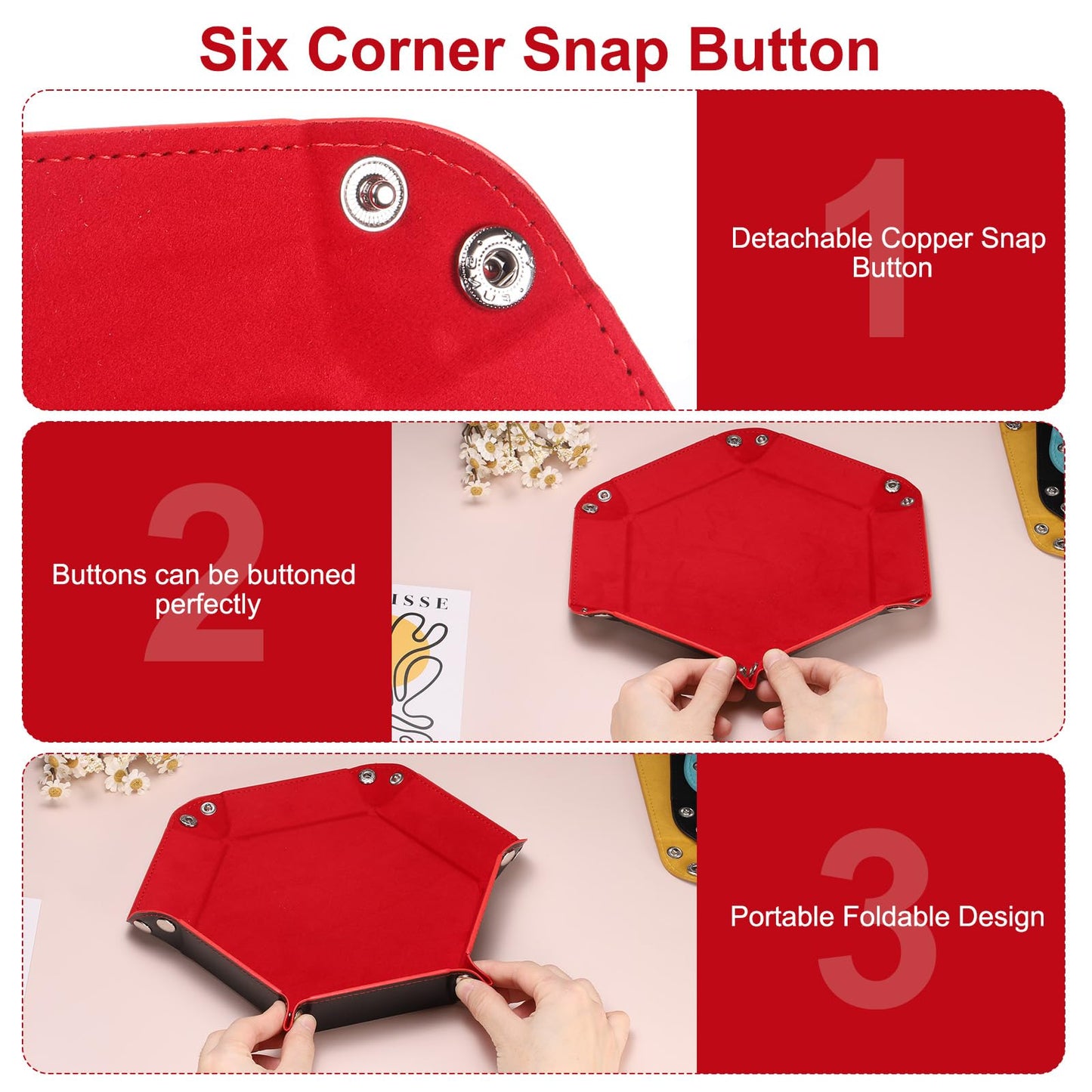sourcing map PU Leather Dice Tray Unisex Valet Tray Folding Hexagon Tray Portable Entryway Table Nightstand Bedside Desk Holder for Key Wallet Watch