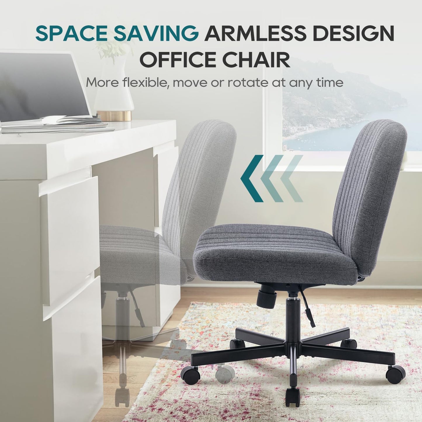 COLAMY Wide Office Chair, Padded Armless Task Vanity Chair Swivel Home Office Desk Chair 115°Rocking Mid Back Ergonomic Computer Chair for Home