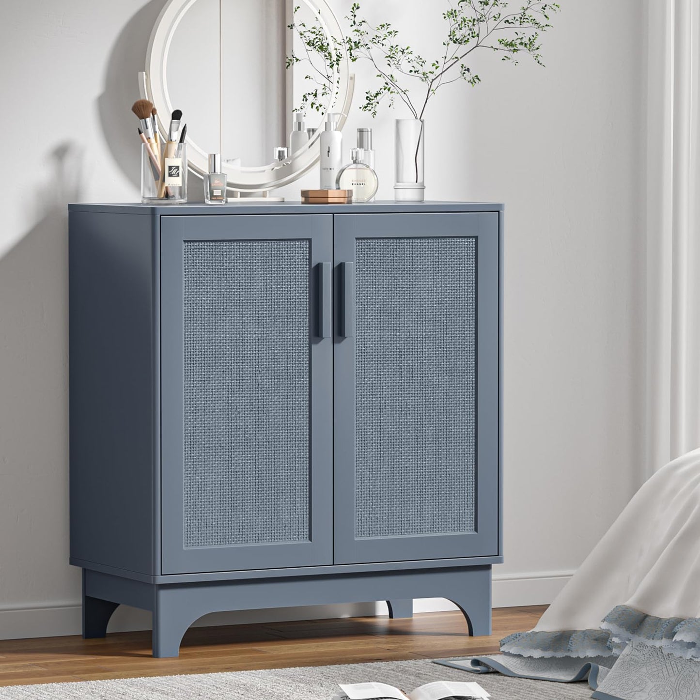 Skokliz Sideboard, Buffet Storage Cabinet with Natural Rattan 2 Doors