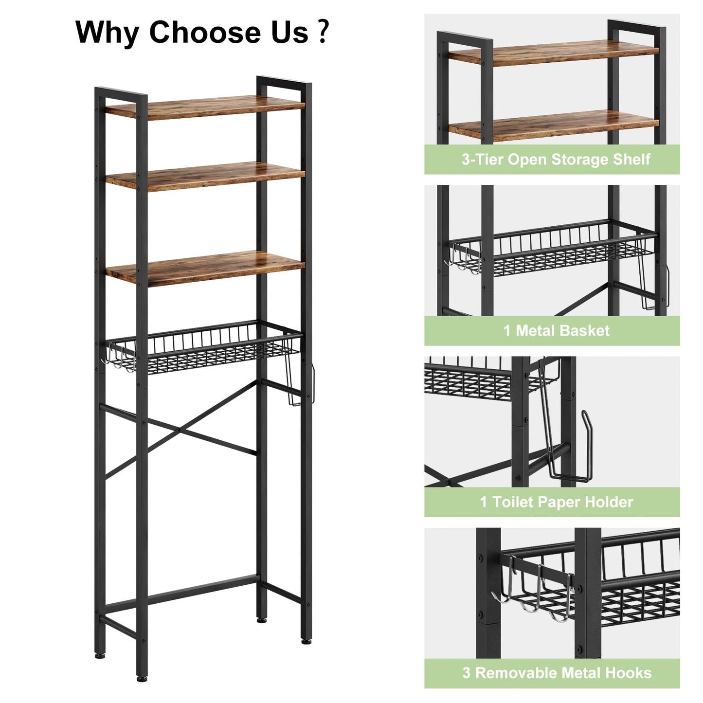 CAPHAUS Over The Toilet Storage Rack, 4-Tier Bathroom Organizer Shelf Over Toilet with Adjustable Shelf and Basket