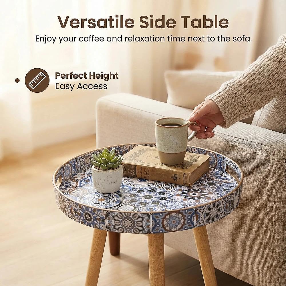 Simmer Stone Marble Round Indoor Side Tables with Detachable Wooden 3 Legs, Versatile Tray Table, Perfect For Round Coffee Table Tea