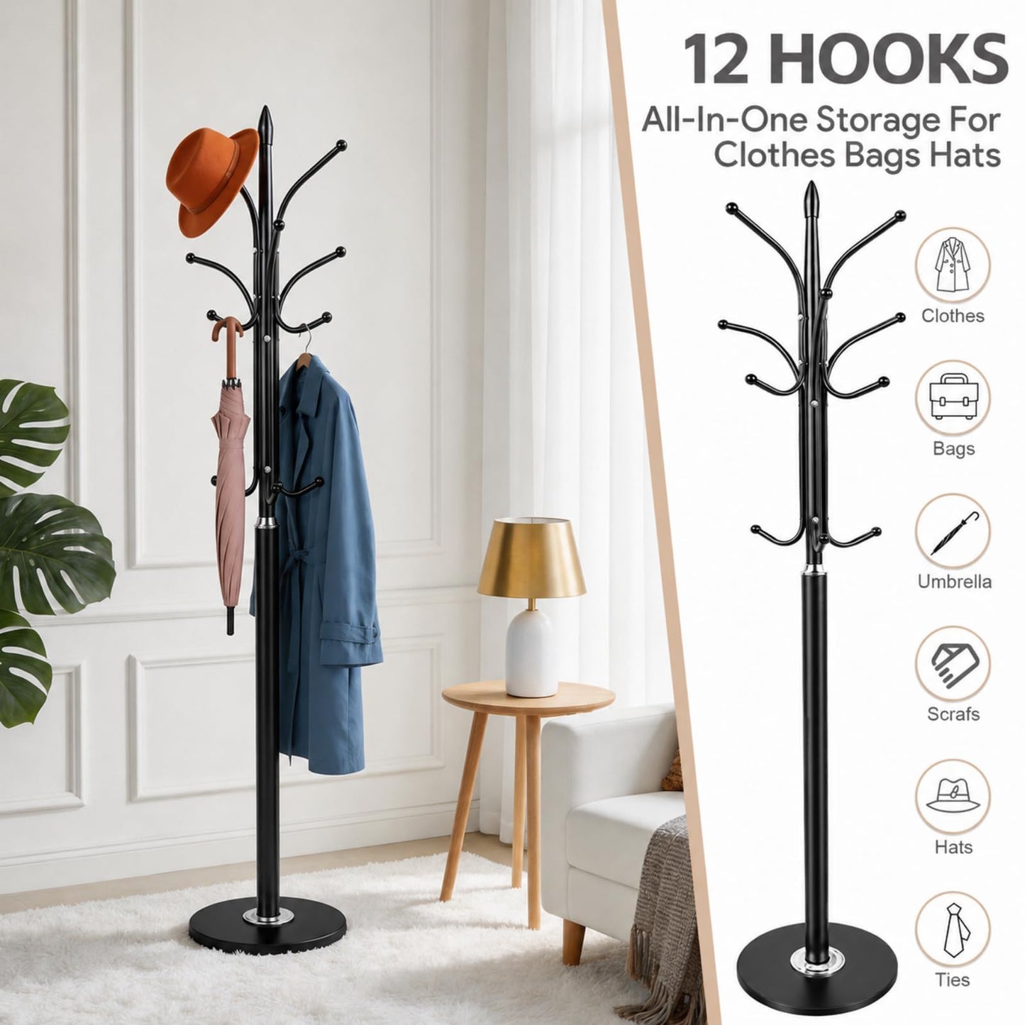 NBYTLT 70in Coat Stand, Heavy Duty Metal Coat Rack with 12 Hooks