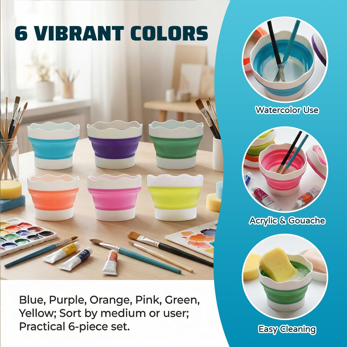 YBCCBY 6 Pcs Collapsible Paint Brush Washer, Silicone Paint Water Pots