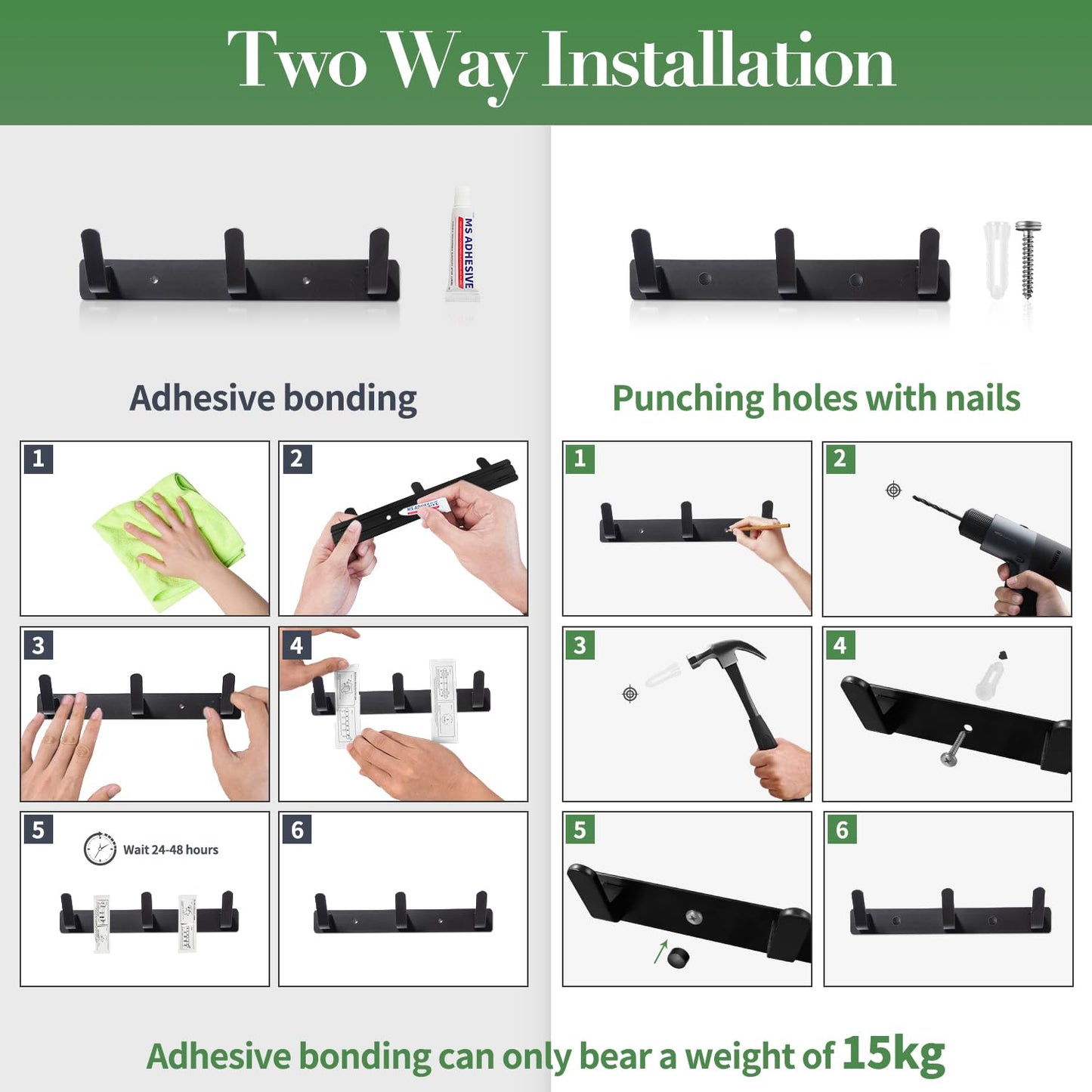 Sevenpers 2 Pack Coat Hooks Wall Mounted, Heavy Duty Coat Rack with 5 Hooks