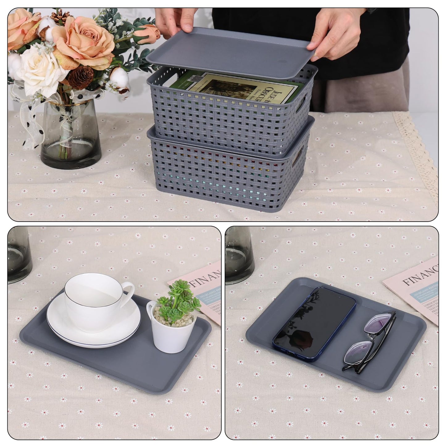 Jnktka Set of 6 Plastic Kitchen Cupboard Storage Baskets with Lids, Gray