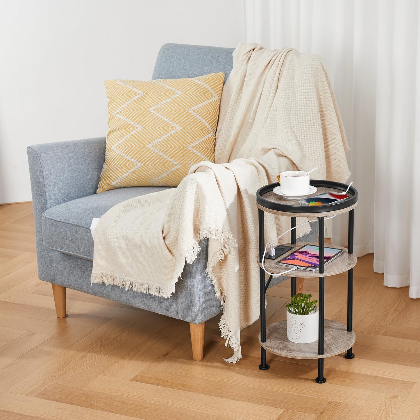 YEAKOO Nordic End Table, 3-Tier 30cm Round Side Table with Storage Shelf Edge Protection Tray