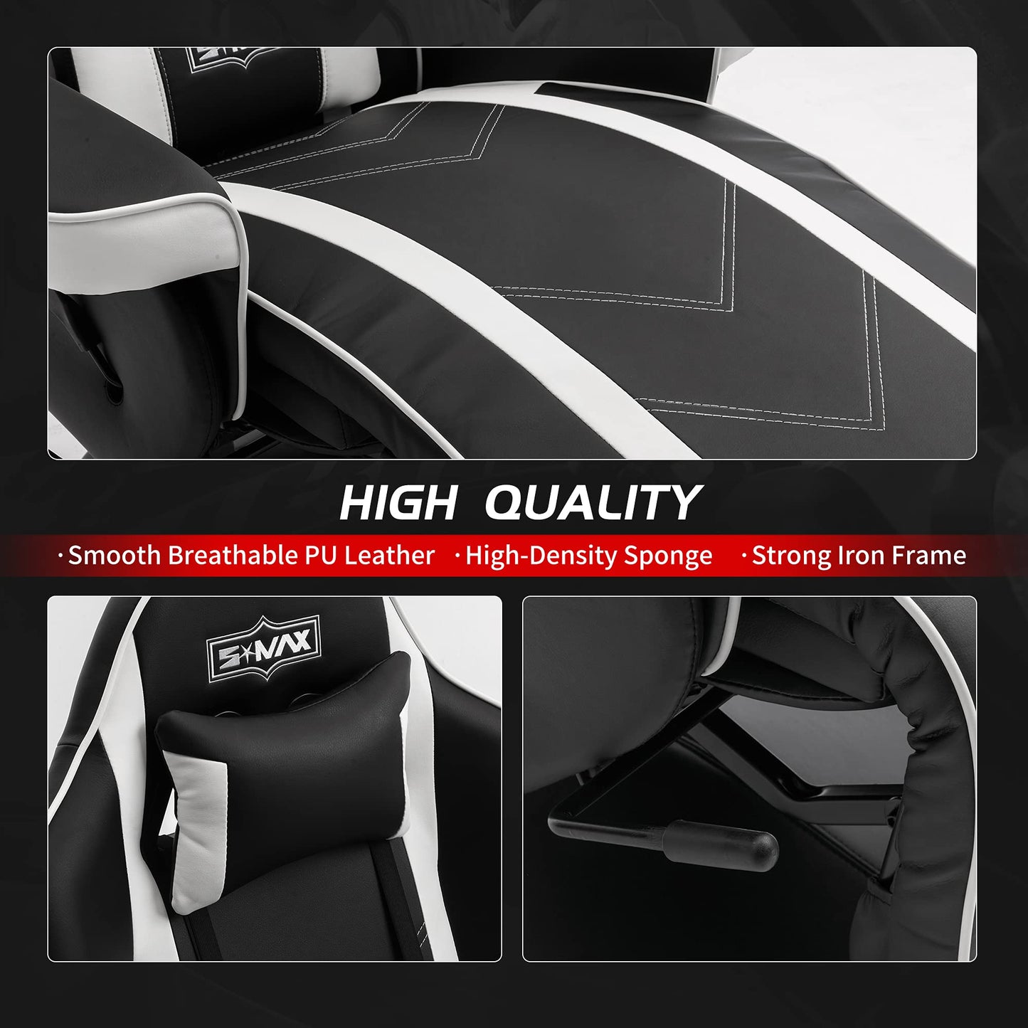 S*MAX Gaming Recliner Chair Ergonomic High Back Wide Lumbar Support Swivel PU Leather Cup Holder Adjustable Backrest Footrest Gaming Chair for Adults