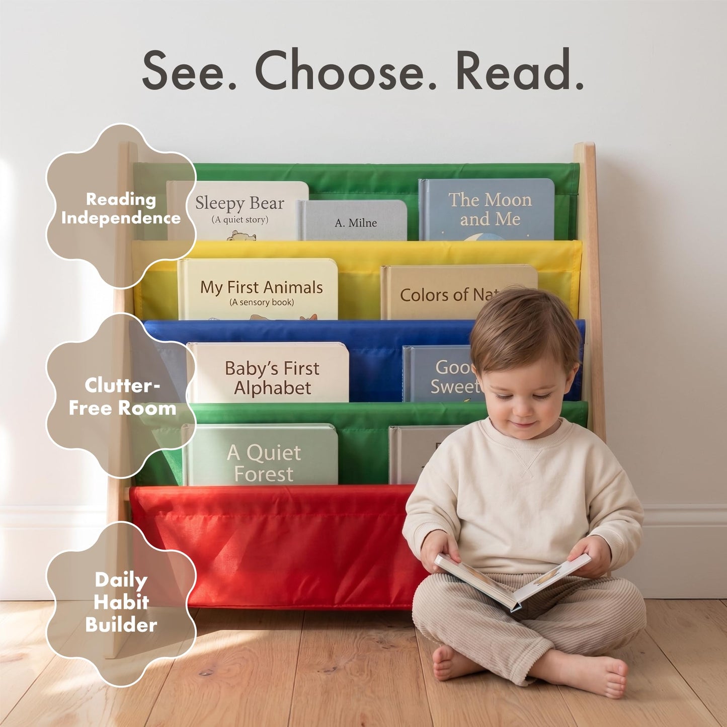 Humble Crew Primary Wooden Bookshelf for Children, 4 Tier Book Storage Organiser with Deep Fabric Pockets