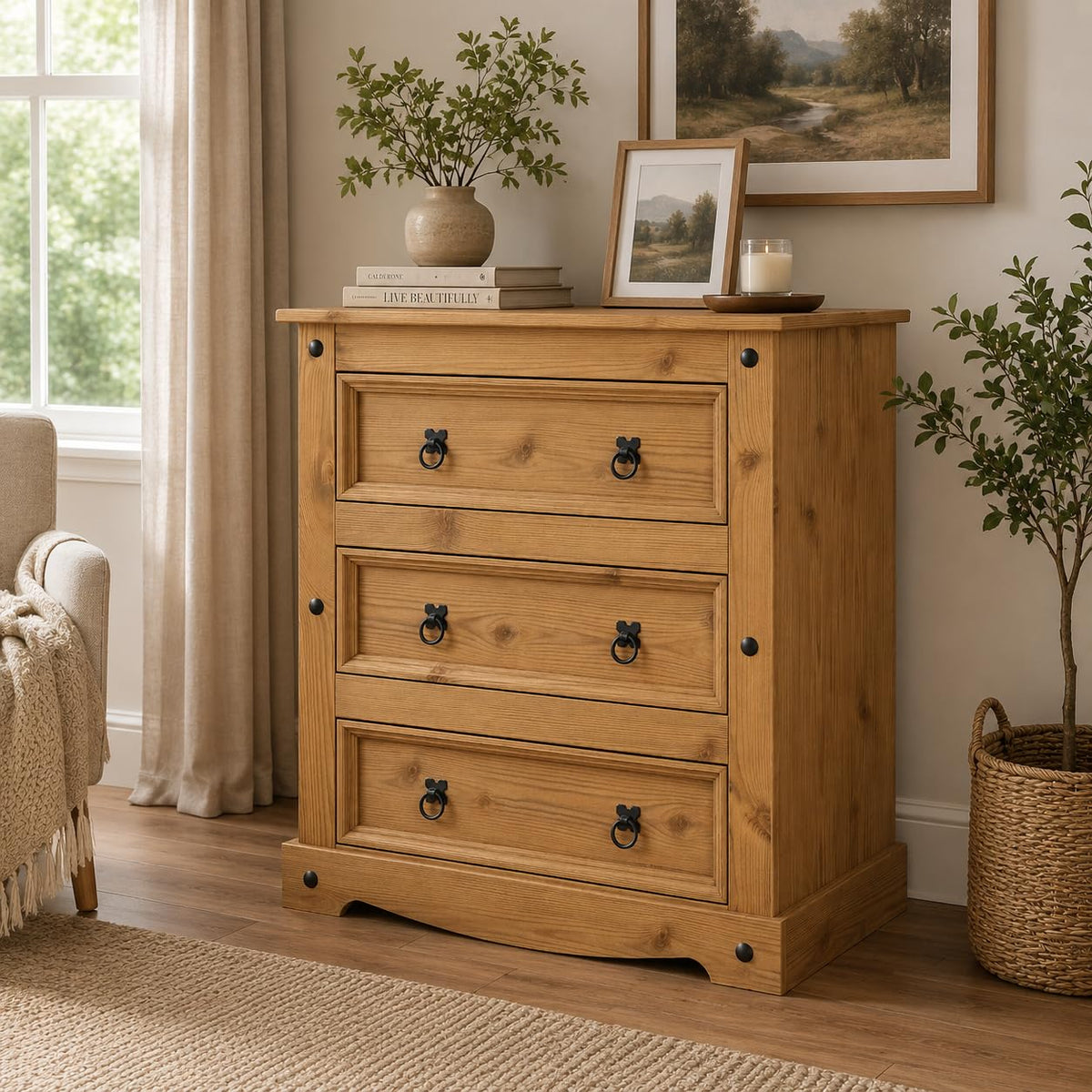 Corona Chest of Drawers 3 Drawer Mexican Solid Pine Wood Natural Wax Finish Black Metal Hardware