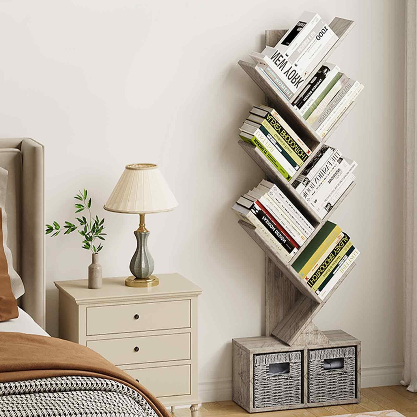 Vagusicc 6 Tier Tree Bookshelf with 2 Storage Baskets, Tall Display Shelf Organizer for Books, Magazines, Home Decor