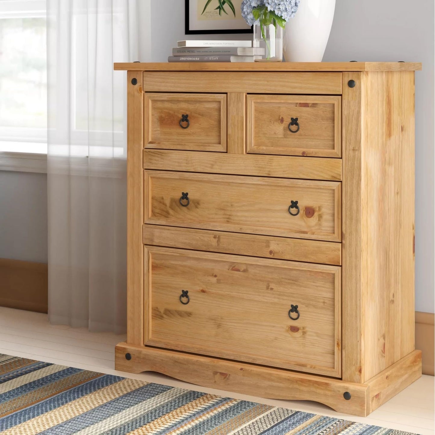 Corona Chest of Drawers 4 Drawer Solid Pine Wood with Traditional Design, Large Drawer Space, Black Metal Hardware, Wax Finish