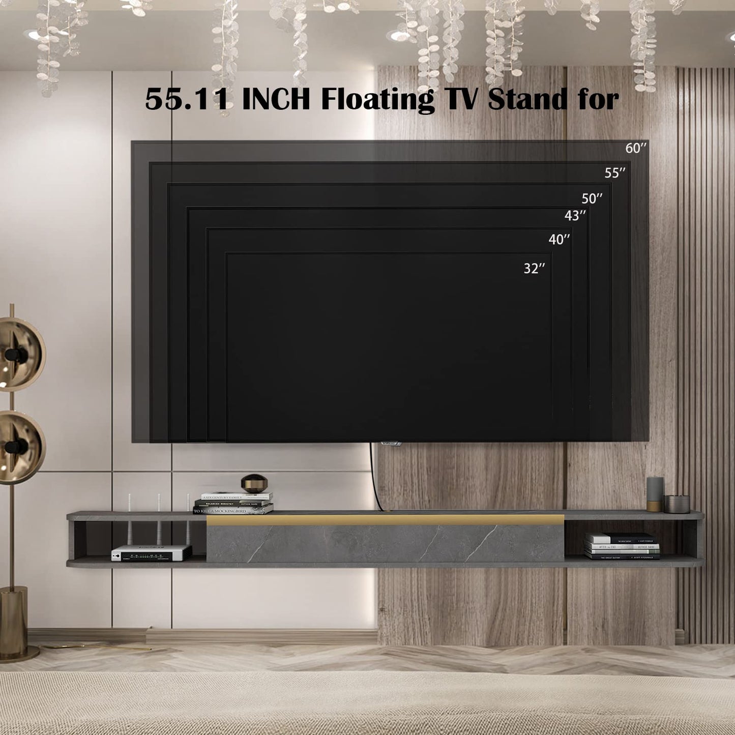 Pmnianhua Floating TV Stand, Wall Mounted Entertainment Center TV Media Console, Floating Shelves with Door