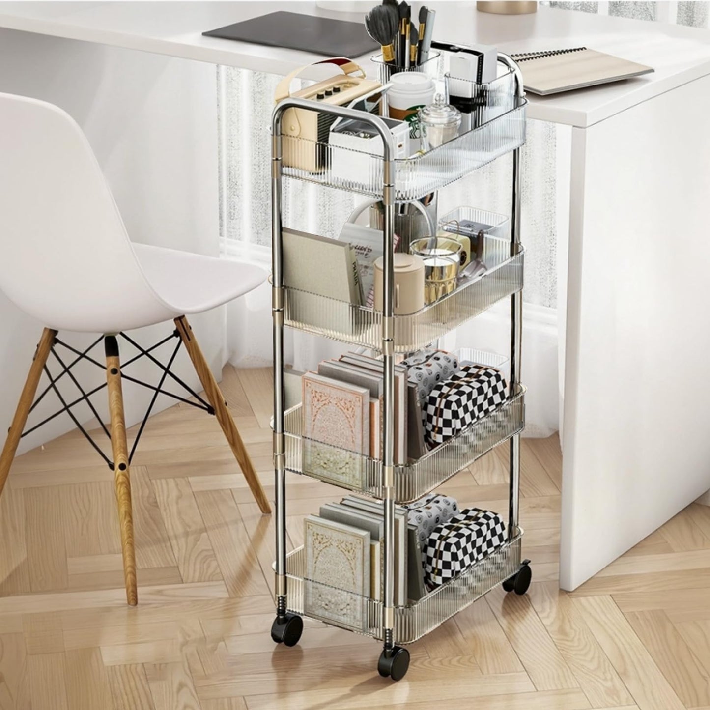Speclux 4-Tier Clear Acrylic Rolling Storage Trolley on Wheels with Bonus Hanging Cups, Lockable Wheels & Handle
