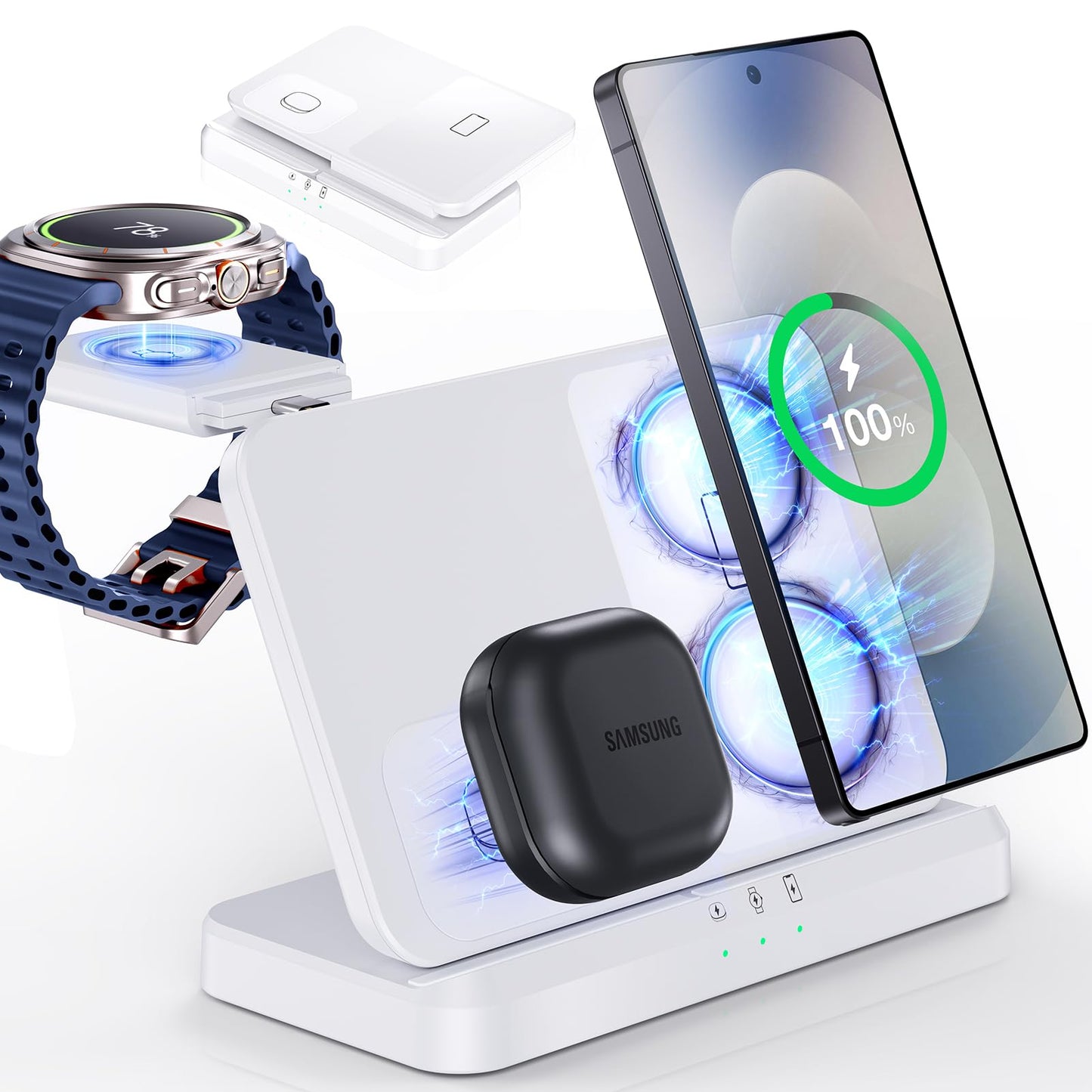 EGV Wireless Charger for Samsung ? 3 in 1 Wireless Charging Station for Galaxy S25 Ultra S24 S23, Z Fold Flip 7/6, Detachable Watch Charger for Galaxy