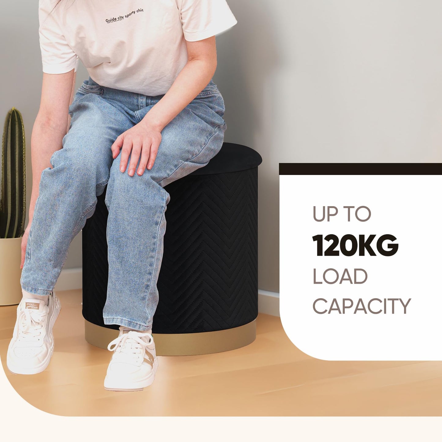Bonlife Large Round Storage Ottoman, Foldable Footstool with Lid