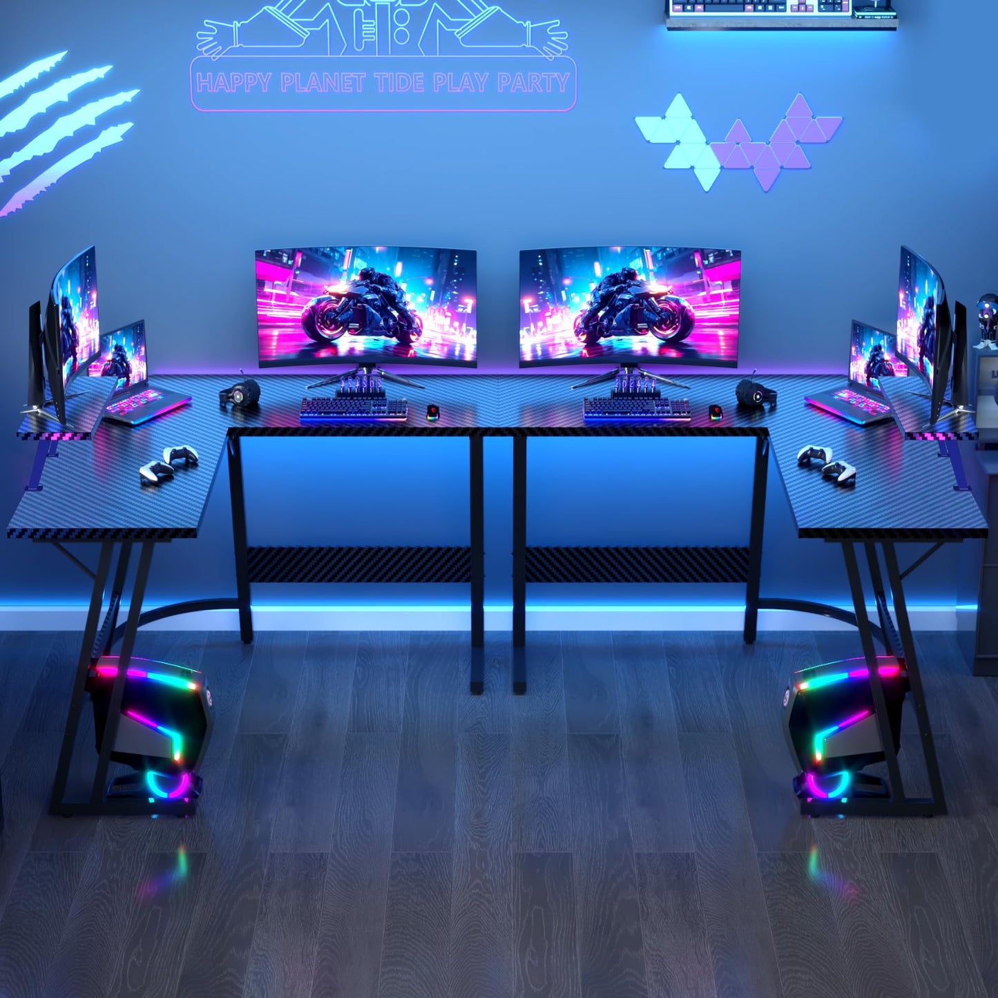 JUMMICO L Shaped Gaming Desk with Large Monitor Stand,120x120x75cm Corner Desk for Home Office Study Writing Workstation, Carbon Fibre Black