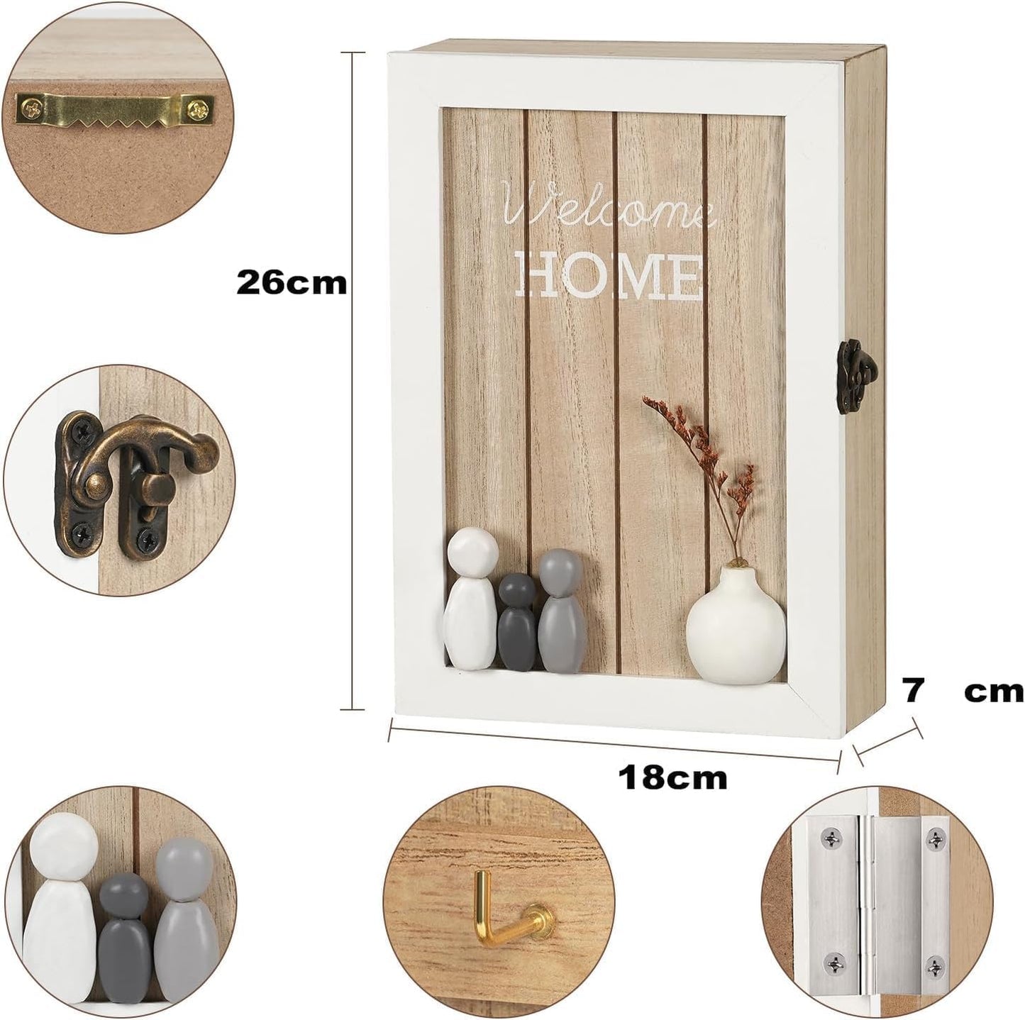 Optyuwah Wooden Key Cabinet with Dried Flowers Key Cabinet 6 Key Hooks Key Rack Wall Decoration L for Entrance, Hallway, Office Key Holder L White