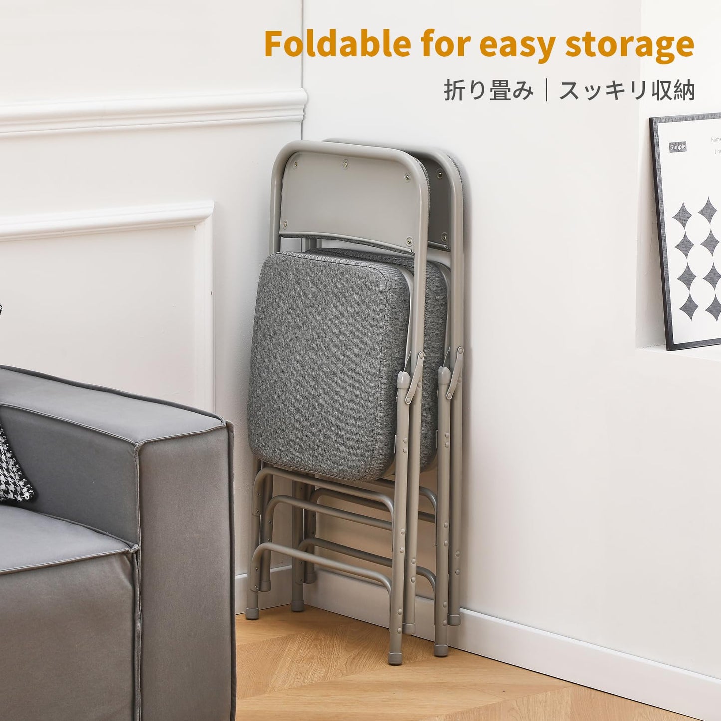 BOOSDEN Padded Folding Chairs with Cushion, Foldable Chair, Single, Grey