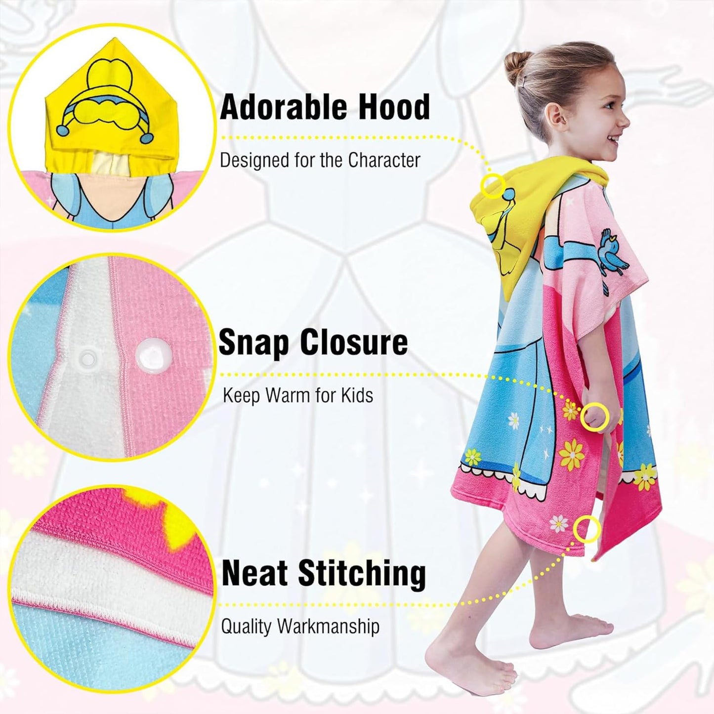 Kids Hooded Poncho Towels Pink Blue Princess Beach Towel with Hooded for Girl,60*90cm Bath Towel Poncho Beach Changing Robe for 5-7th Girl,Polyester