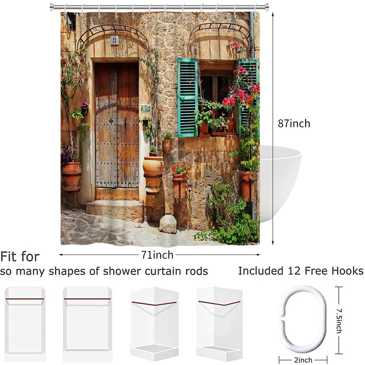 Hnmdmyi 3D Shower Curtain 180x220, Garden Flowers Scenery Street Alley Vintage Look Stone Wall with Door Bathroom Curtains with Hooks Waterproof