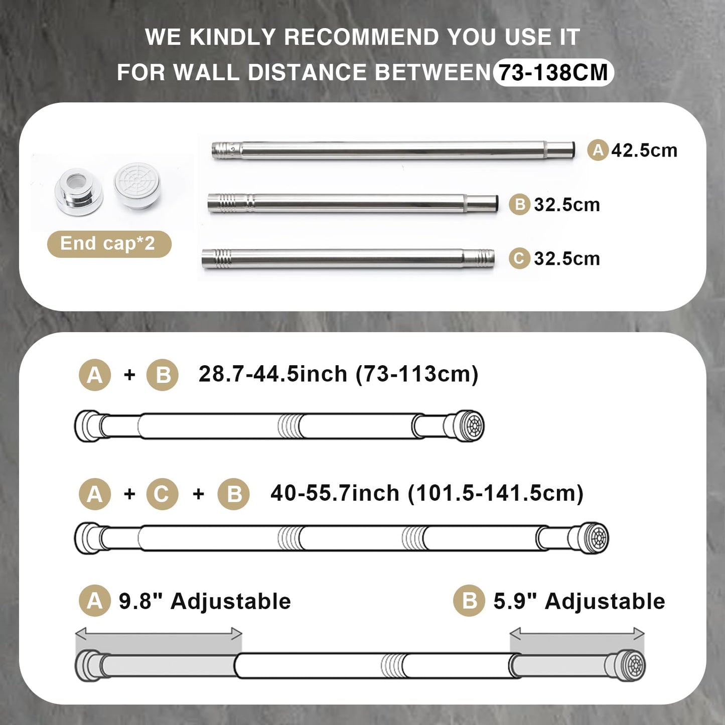 2PCS Shower Curtain Rod Stainless Steel Extendable Shower Curtain Pole No Drilling Tension Rod for Clothes Shower Curtain Rail Net Curtain Poles for