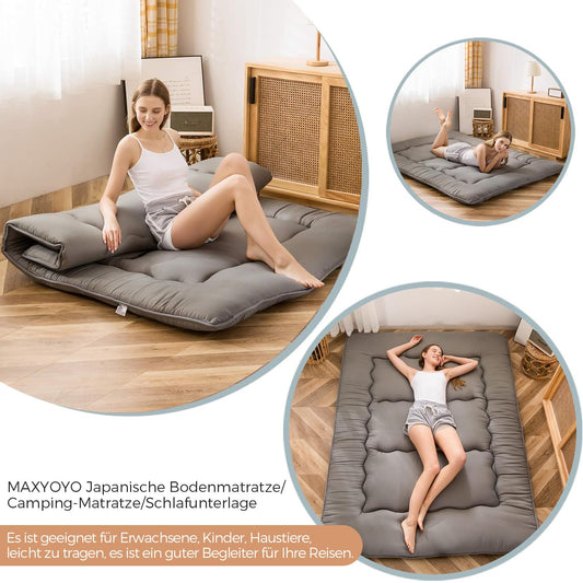 MAXYOYO Japanese Floor Futon Mattress, Thicken Tatami Sleeping Pad Foldable Roll Up Dormitory Mat Pad Floor Lounger Pillow Bed Charcoal Grey, Double