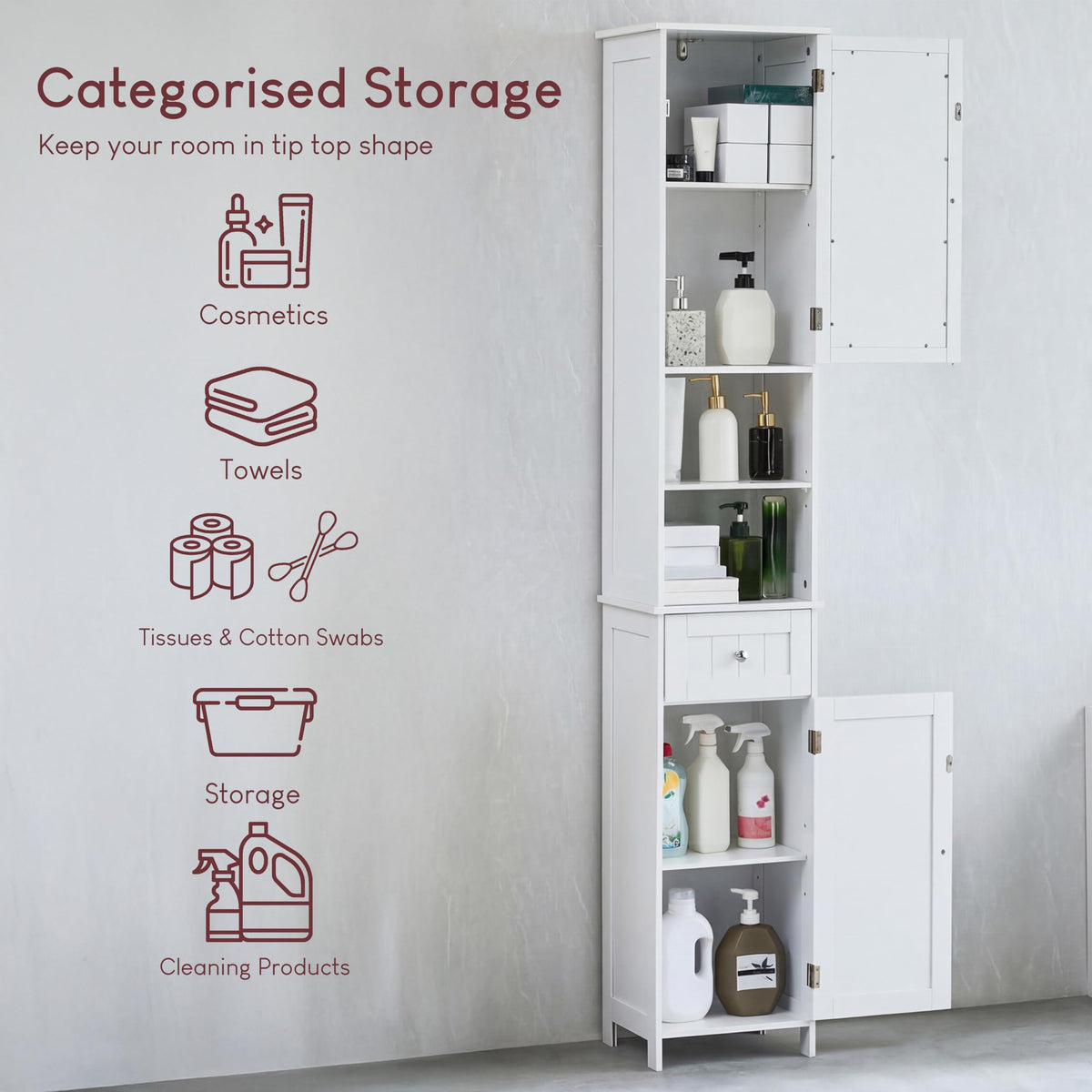 Bath Vida Priano Freestanding 2 Door Mirrored Tall Storage Cabinet, White