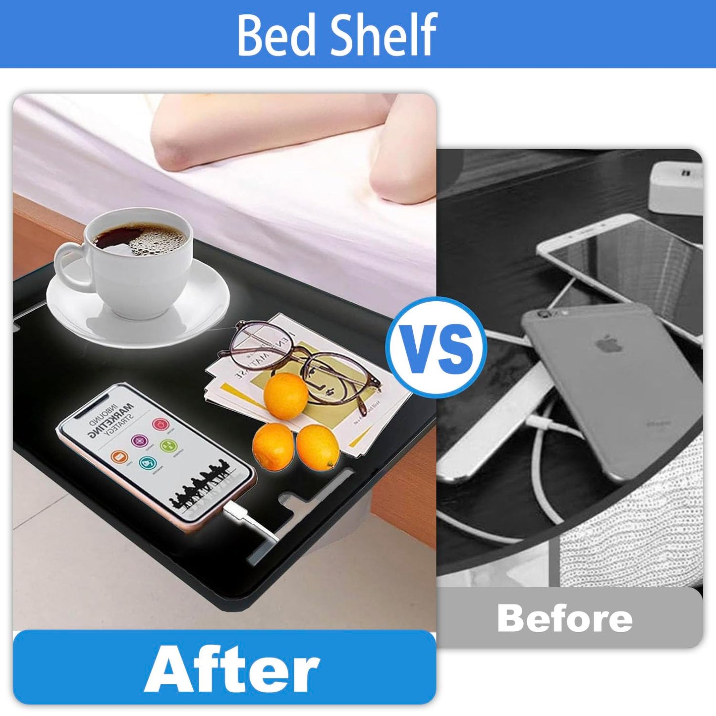 HIKENRI Bedside Table Organiser,Bedside Shelf For Bunk & Loft Beds Clip On Shelf,Bedside Tray For Home,School,Office,Dormitory Room(White)
