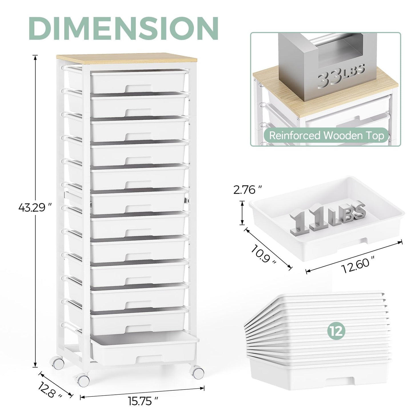 SYKIARIOL 12-Drawer Storage Trolley Rolling Cart with Wooden Top, White