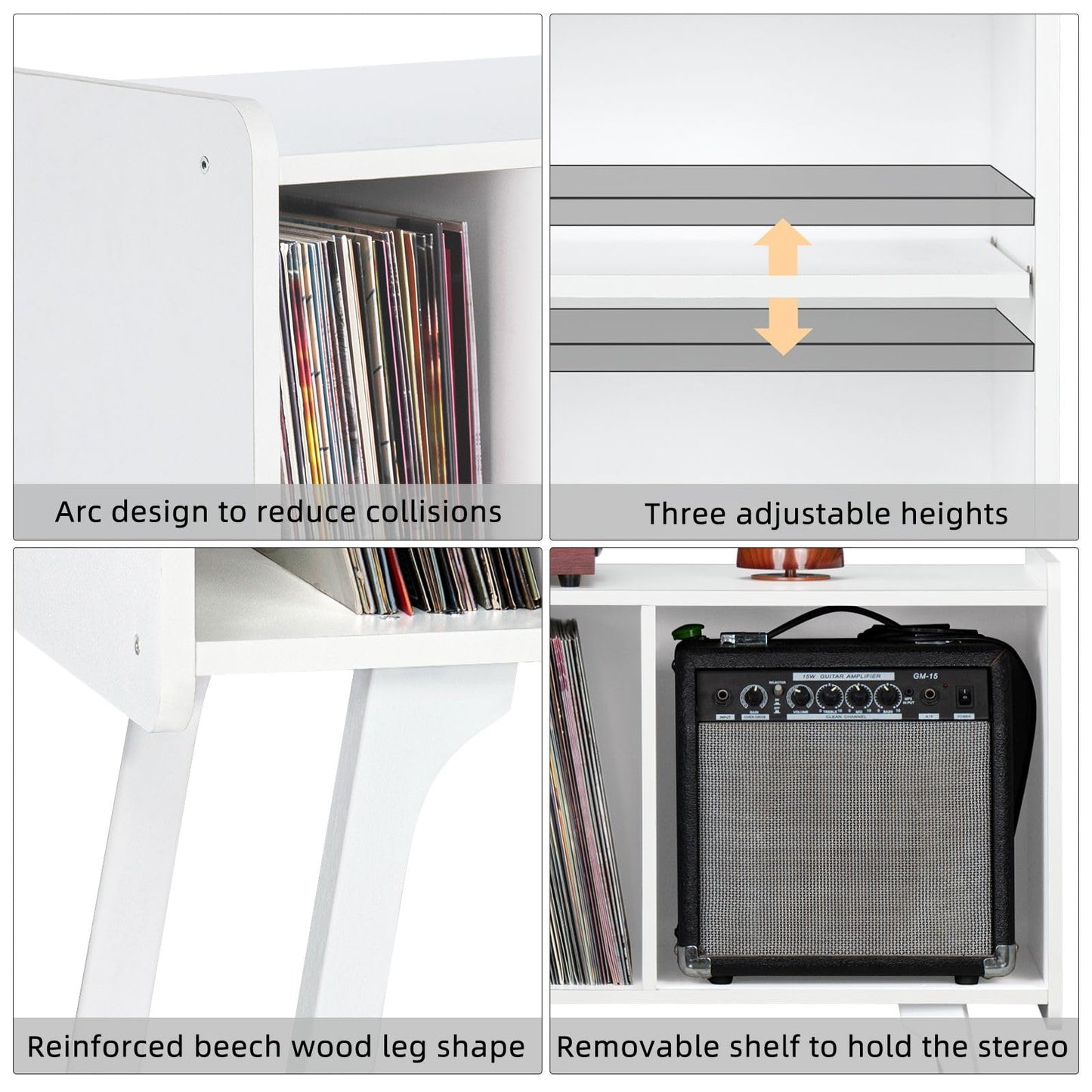 LELELINKY Record Player Stand, 4 Compartments, Holds Up to 220 Records