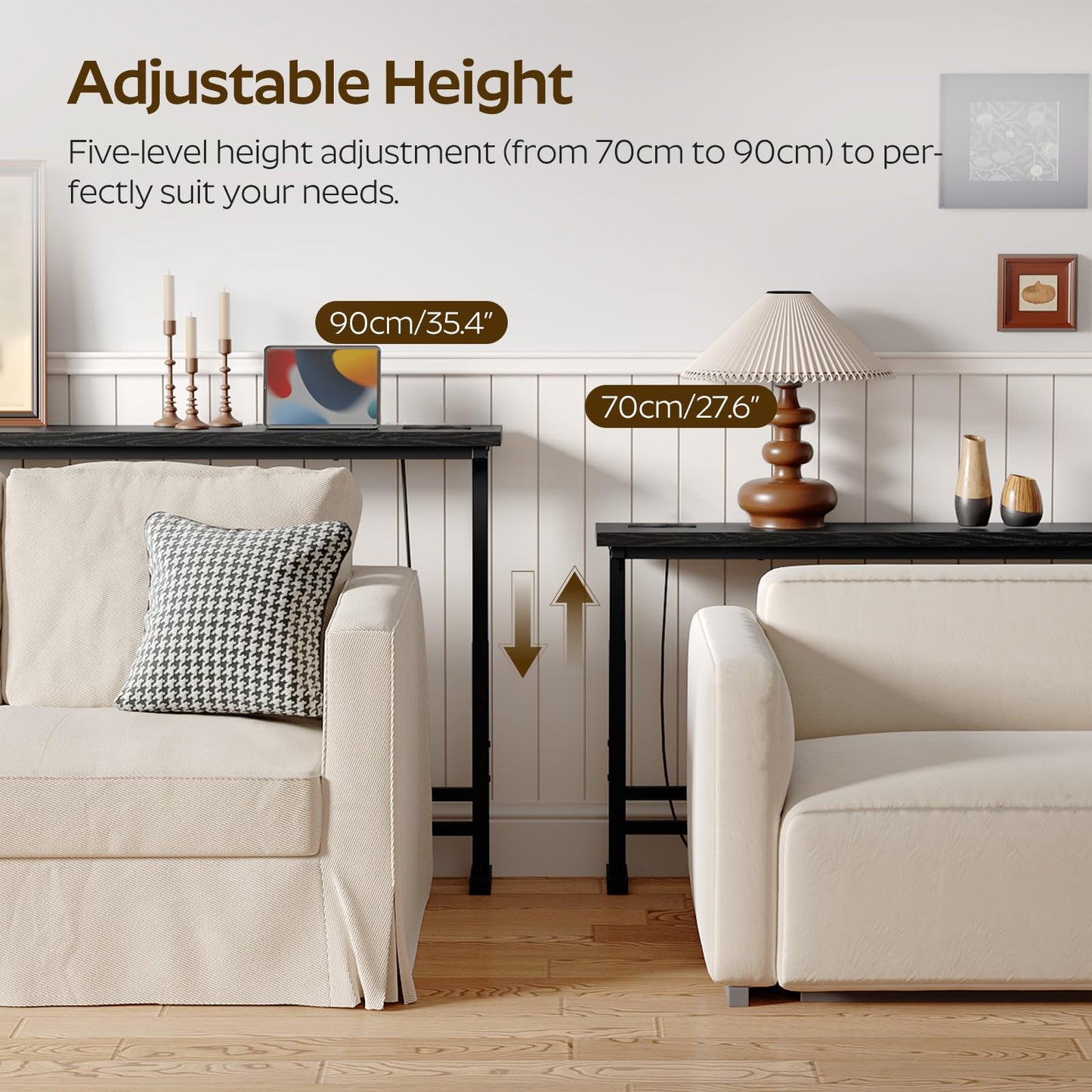 YATINEY 15 cm Slim Console Table, Height-Adjustable Behind Sofa Table, 200 cm Hallway Table, Narrow Long Sofa Table with Power Outlet