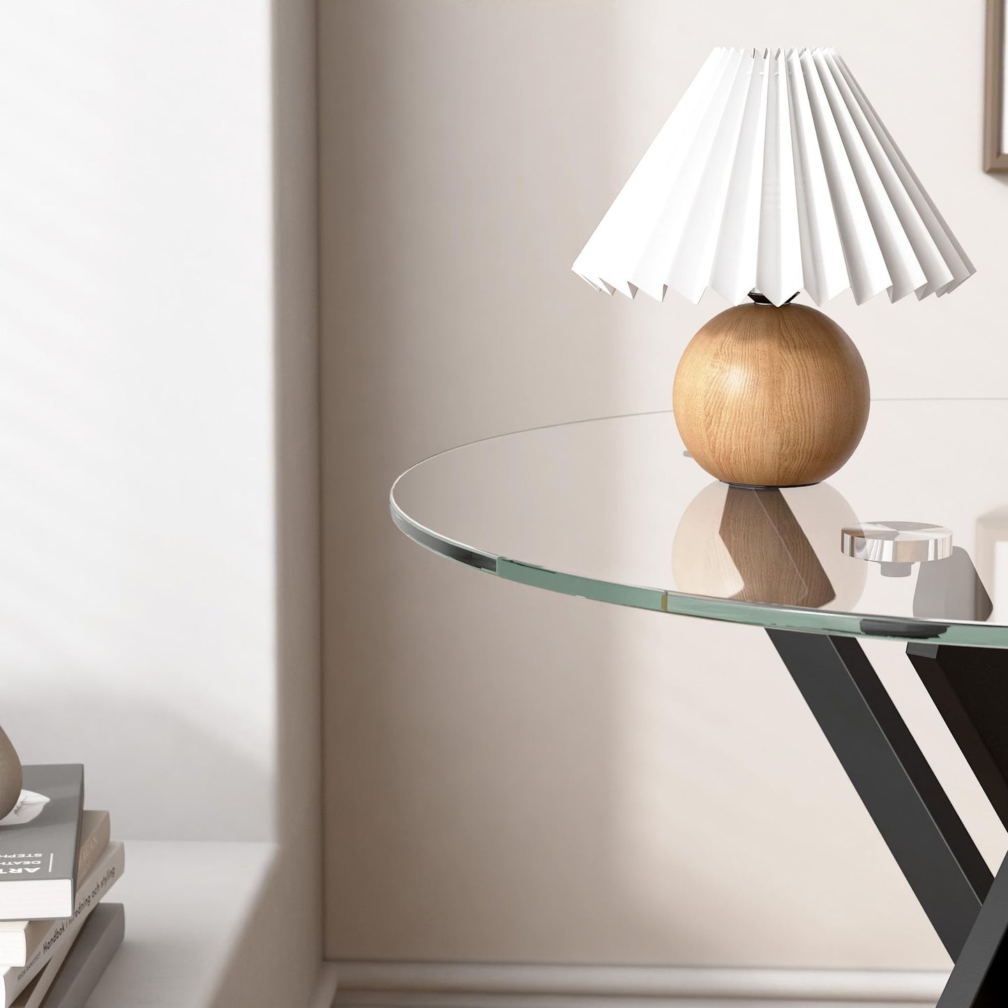 GOLDFAN Glass Side Table High Gloss Round End Table with Tempered Glass Top and Metal Tubular Legs