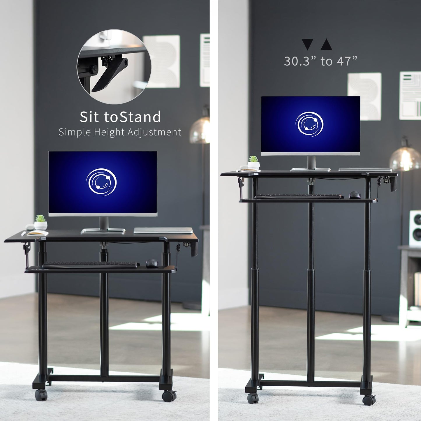 VIVO Mobile Height Adjustable Table, Stand Up Desk Cart with Sliding Keyboard Tray, Computer Workstation, Rolling Presentation Cart, Black, CART-V06A