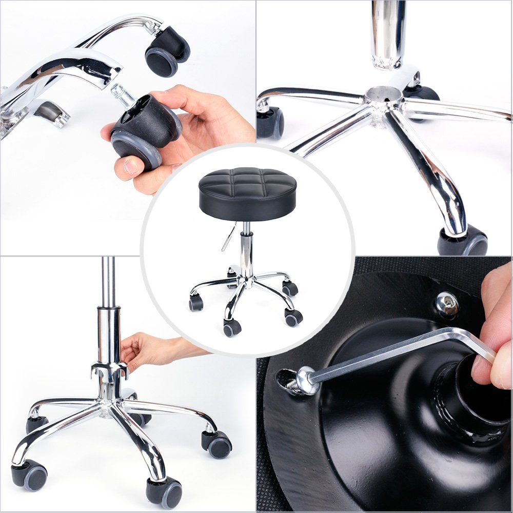 Round Swivel Beauty Stool Adjustable PU Leather Seat (Black / Φ14")