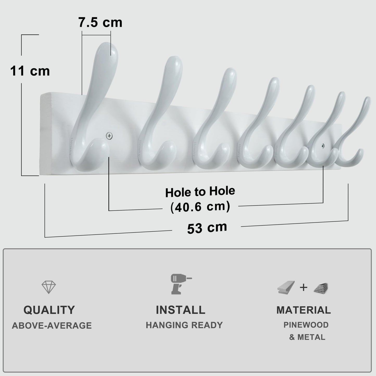HONSKY Wall Coat Rack, 53cm Wooden Coat Hanger with 7 Double Hooks,Wall Coat Hook,Towel Rack Hanging Coat,Towel,Bag for Entryway, Hallway, Bedroom
