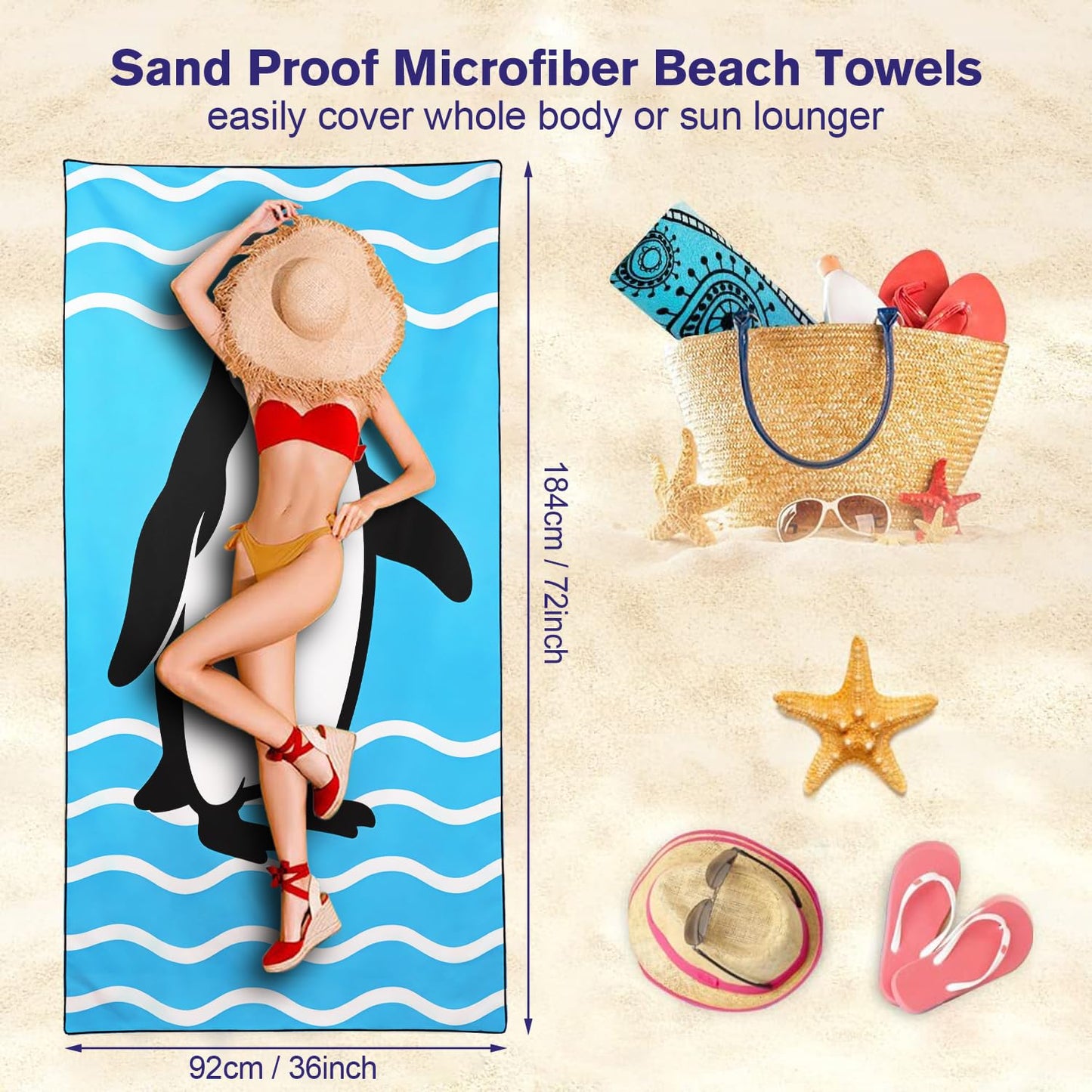 Violetpos 2 Pack Extra Large 180x90 cm Beach Towels, 250GSM Premium Microfibre, Sand Free Quick Dry Lightweight