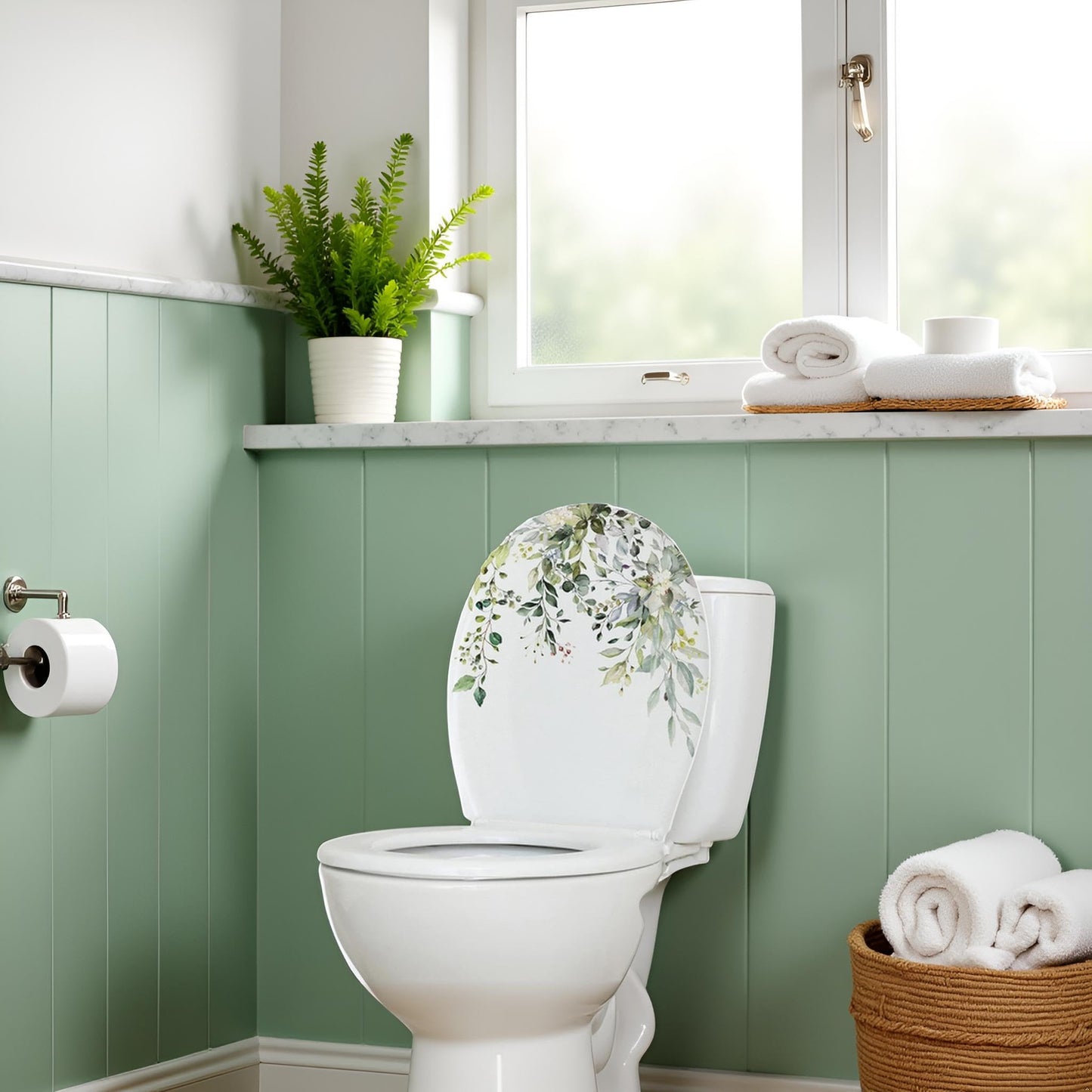 Green Plant Leaves Flowers Toilet Seat Lid Stickers Self-Adhesive Bathroom Stickers Green Leaf Floral Decals DIY Removable Waterproof Toilet Sticker