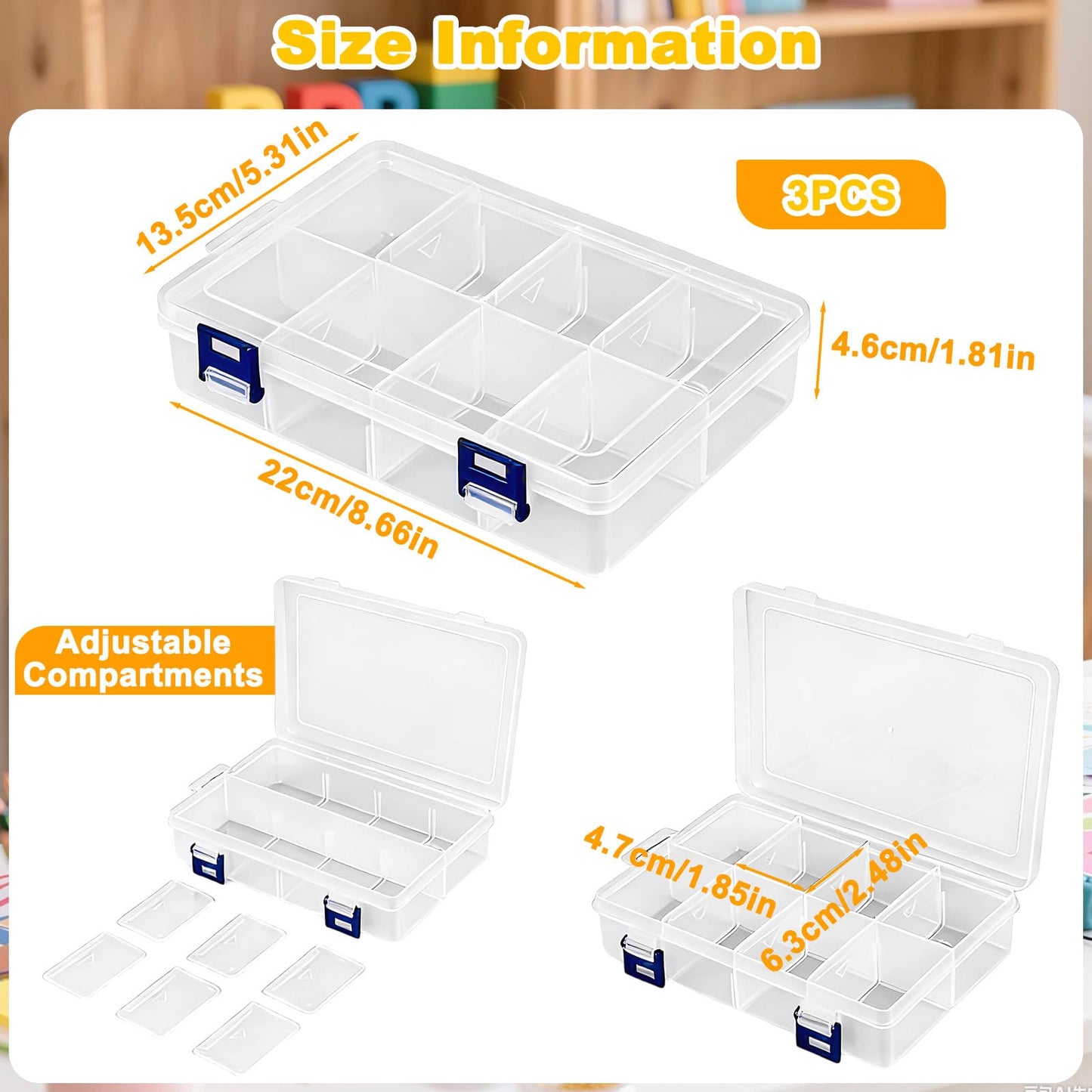 3 Pcs Plastic Storage Boxes with Lid, Organiser with 8 Grids Adjustable Dividers, Jewellery Organizer Box