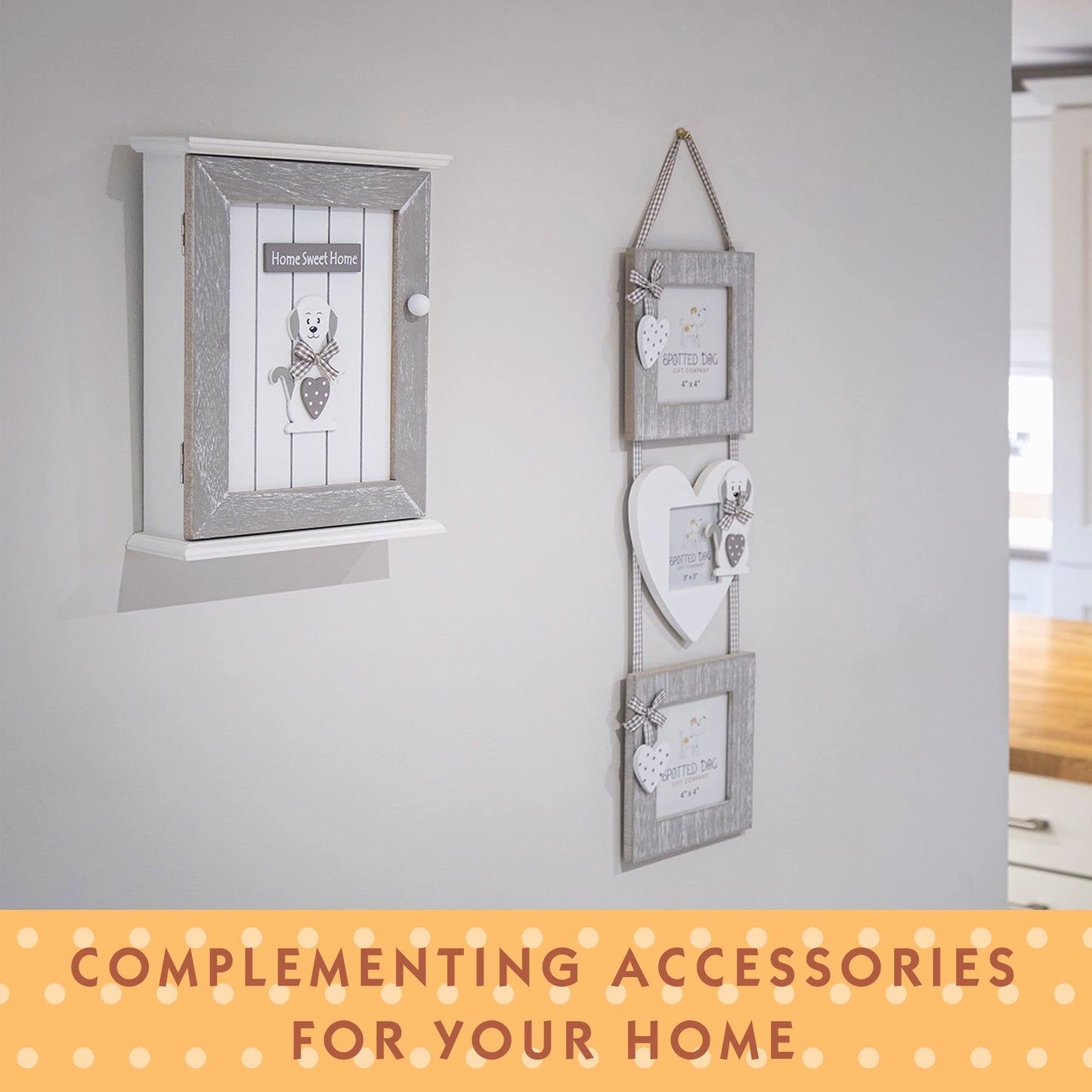 SPOTTED DOG GIFT COMPANY Key Box Wall Mounted Wooden Key Cupboard Cabinet with 6 Hooks for Hallway, Decorative Grey Dog Themed Home Decor