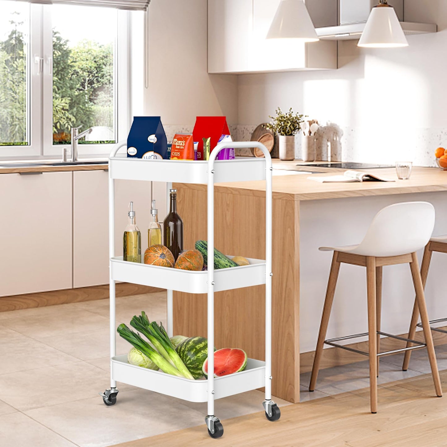 PNVXNUS 3-Tier Rolling Cart, Metal Utility Storage Carts with Wheels,White
