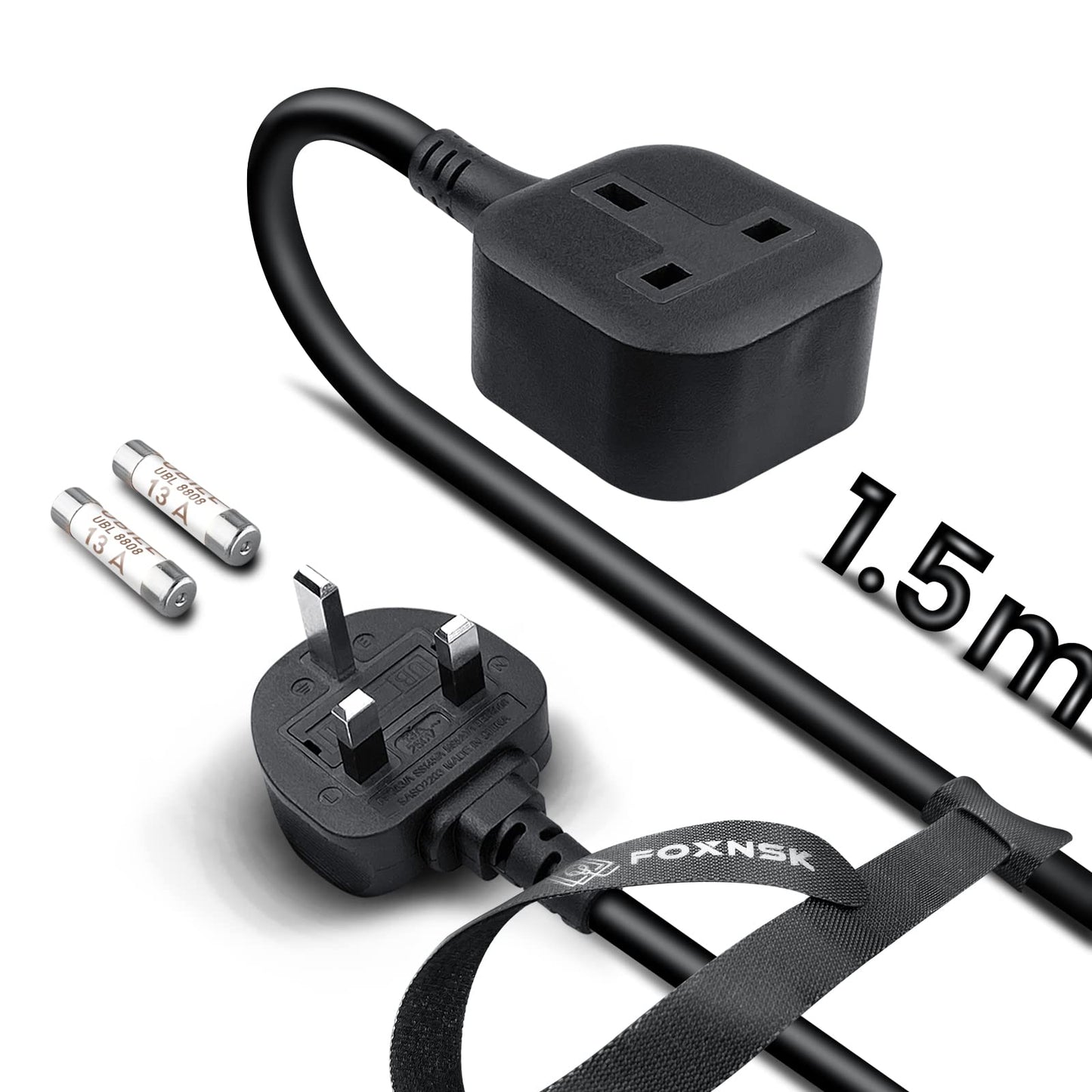 FOXNSK Single Plug Extension Lead 1.5M, 1 Way Gang Single Socket Extension Lead Surge Protected, 13amp 250V 3kw UK 3 Pin Fused Mains, Rubber, Tough