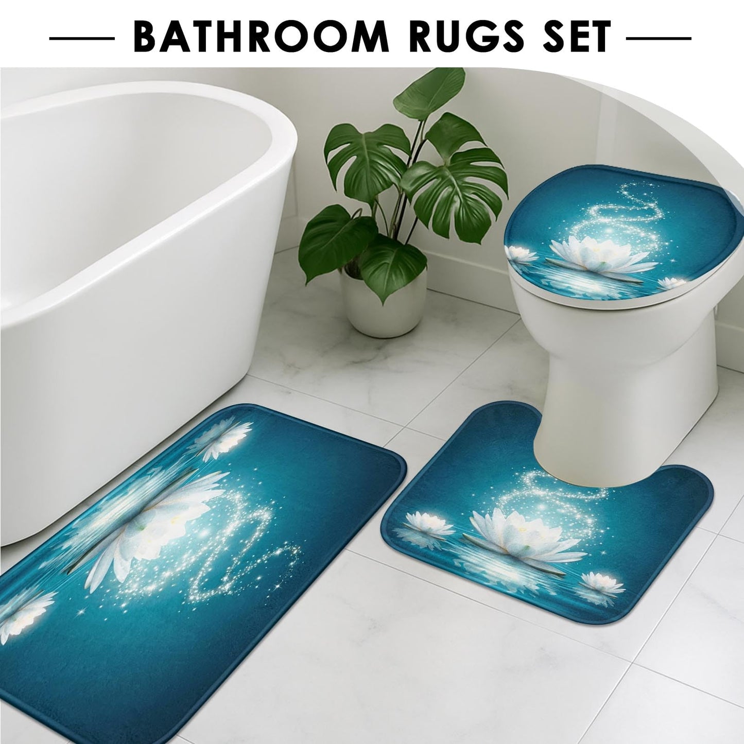 4 Piece Shower Curtain Sets, with 12 Hooks, Magic Lotus Flower Turquoise Zen with Non-Slip Rugs, Toilet Lid Cover and Bath Mat