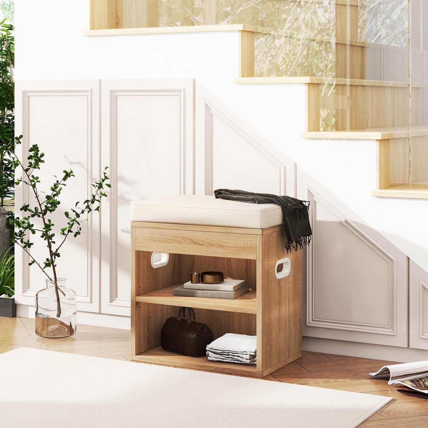 YMYNY Small Shoe Storage Bench with Cushion & Drawer, Light Natural HSC002R