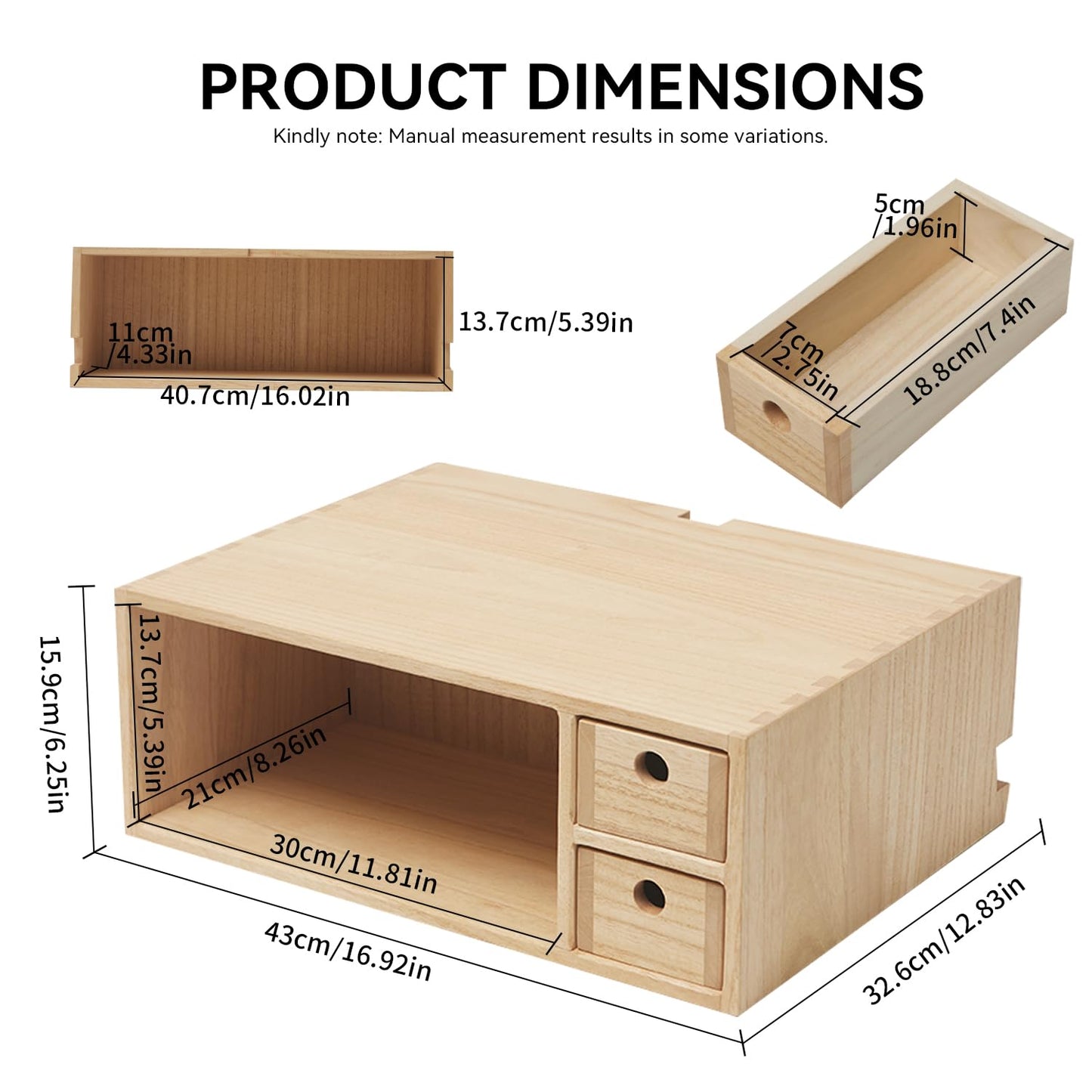 KIRIGEN Solid Wood Printer Stand with 2 Drawers & Open Compartment, Desk Tidy Organizer for A4 Paper, Office Supplies & Power Strip Storage